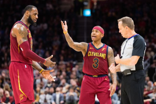CLEVELAND, OH - JANUARY 2: LeBron James #23 an Isaiah Thomas #3 of the Cleveland Cavaliers argue a c
