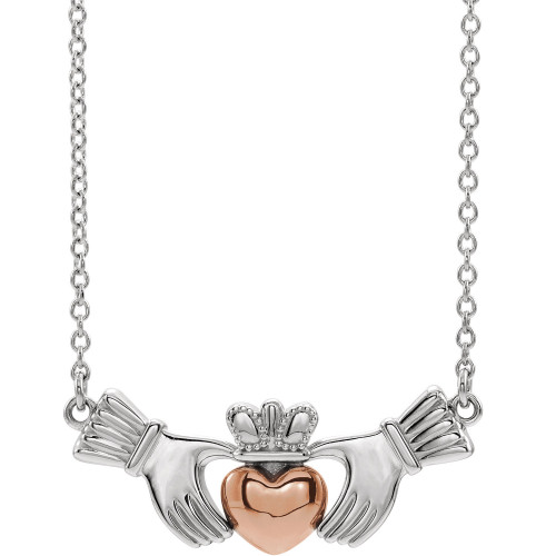 14k White & Rose Claddagh 18" Necklace. To know more details please visit here https://eyeonjewels.com/product/14k-white-rose-claddagh-18-necklace-12930