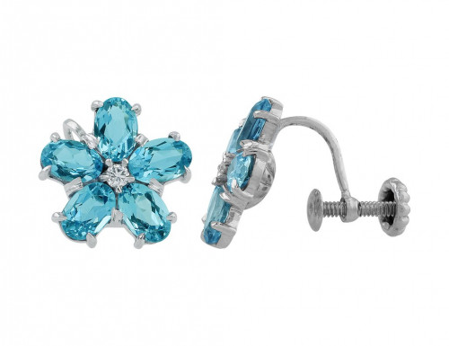 14k White Gold Aquamarine Diamond Florette Earrings. Estate 14k white gold florette clip earrings set with 5 aquamarines and central diamond accents weighing a total of approximately 0.08cttw. The earrings have french twist backs. To buy this product please visit here https://eyeonjewels.com/product/14k-white-gold-aquamarine-diamond-florette-earrings-14076