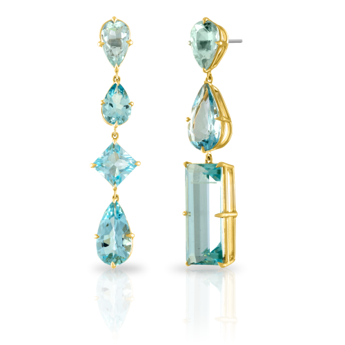 Shah & Shah handmade 18k yellow gold and aquamarine asymmetrical earrings with 19.00cts aquamarines. To buy this product please visit here https://eyeonjewels.com/product/18k-yellow-gold-and-aquamarine-asymmetrical-earrings-14046