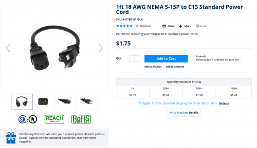 Buy premium quality 1ft 18 AWG NEMA 5-15P to C13 Standard Power Cord, at the lowest prices (upto 90% off retail). Fast shipping! Lifetime technical support! https://www.sfcable.com/1ft-18-awg-nema-5-15p-to-c13-us-power-cord.html
