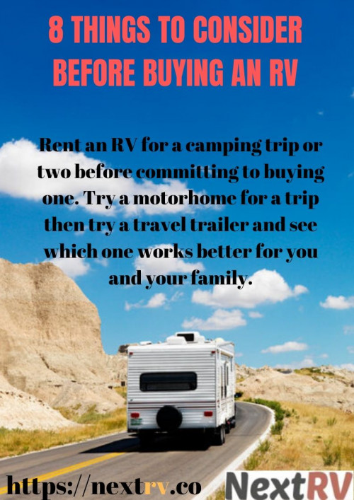 Want to know the Best time to buy an RV for the First Time. This blog informing about 8 things to consider before buying an RV. Don’t waste your money read this blog and understand which RV you want exactly.

#besttimetobuyanrv      #buyinganrvforthefirsttime
https://nextrv.co/8-things-to-consider-before-buying-an-rv/
