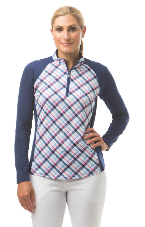 900474 SanSoleil SolCool Print Panel Zip Mock. Avery. Navy Hot Pink (7)