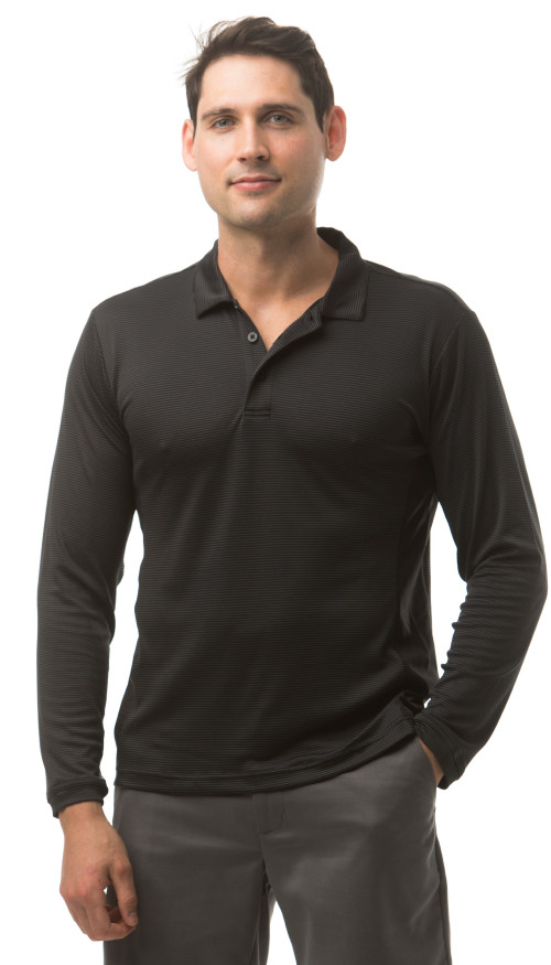 900824S SanSoleil SolSport COOL Men's Long Sleeve Button Polo. Black with Grey Stripe 2