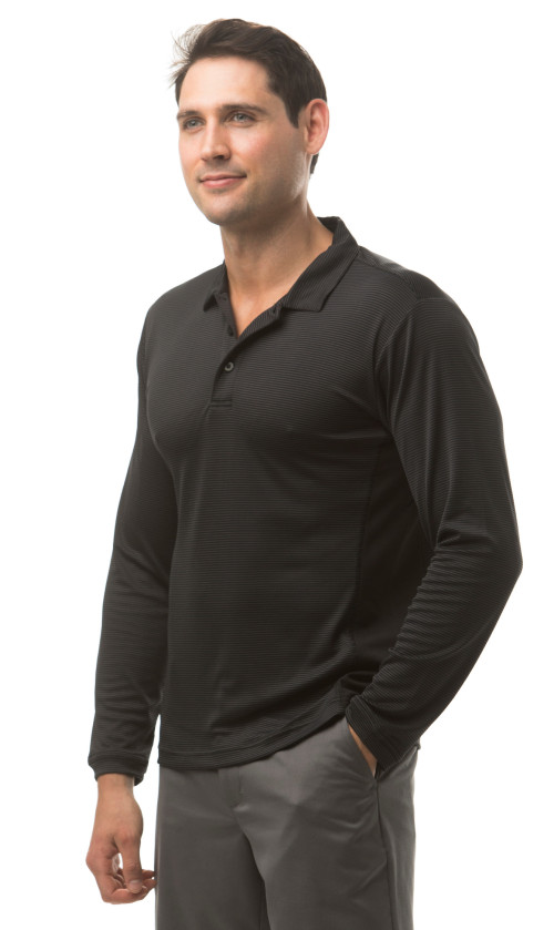 900824S SanSoleil SolSport COOL Men's Long Sleeve Button Polo. Black with Grey Stripe 3