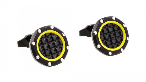 Audemars Piguet Offshore Bumble Bee Cufflinks. Yellow aluminum flange steel and black PVD. To buy this product please visit here https://eyeonjewels.com/product/audemars-piguet-offshore-bumble-bee-cufflinks-14086