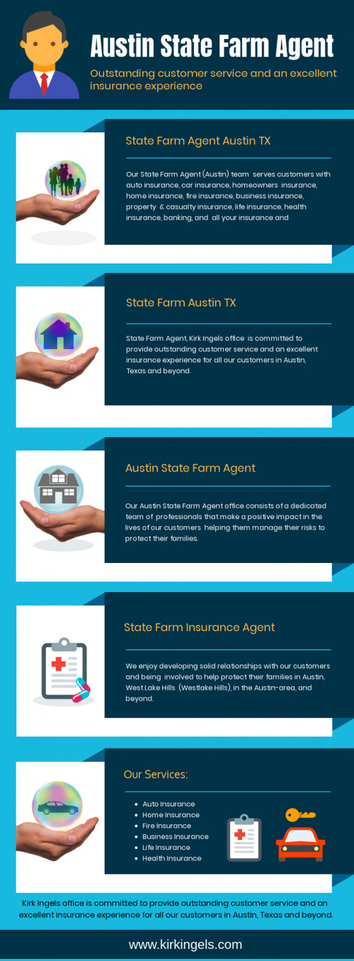 Austin State Farm Agent offer legal or tax advice at https://www.kirkingels.com 

Find Us : https://goo.gl/maps/UB2ddTL3kAjXLWin6 

Our Services : 

Auto Insurance 
Business Insurance 
Life Insurance 
Health Insurance 
Property & Casualty Insurance 

State Farm is actually among the earliest titles in Insurance, and theirs is a name you can trust. If State Farm didn't offer exceptional customer support and satisfaction, there is no way there could still be going strong. Frequently, it is much cheaper to purchase all of your insurance programs through a single carrier than through many distinct businesses. Austin State Farm Agent provides for all of your insurance requirements, without making you pay a lot of money. Is not it wiser to employ Austin State Farm Agent that you know that you can rely on.

Address : 3701 Bee Caves Rd STE 201, Austin, TX 78746, USA 

Phone  : +1 512-328-7788 
Fax    : (512) 870-9370 

Social Links : 

https://wiseintro.co/kirk-ingles 
https://www.instagram.com/statefarmaustintx/ 
https://www.yelp.com/biz/kirk-ingels-state-farm-insurance-agent-austin 
https://about.me/kirkingles 
https://kirkingles.brandyourself.com/ 
https://refind.com/StateFarmAustinTX