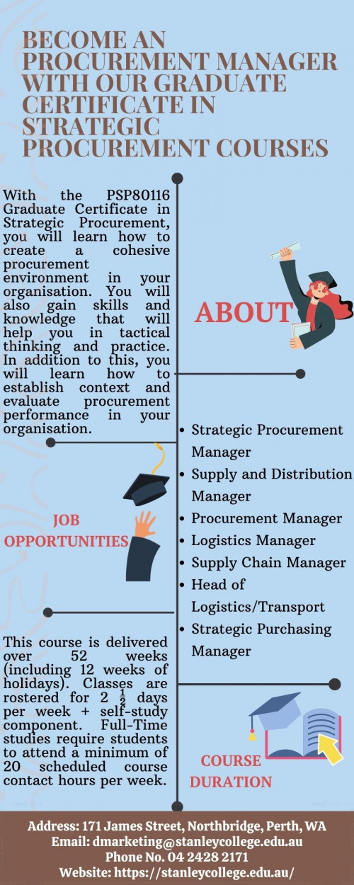 Are looking for progress in a career or expanding your knowledge in a field to update your professional profile? Then Register in our graduate certificate course in strategic procurement (CRICOS Course Code: 0100282) at one of the best institute of education in Perth- Stanley College (CRICOS Code: 03047E | RTO Code: 51973). Graduate Certificate in Strategic Procurement course aims to build strategic relationships with suppliers to achieve long term mutual benefits and produce cost and service efficiencies for commercial advantage. For more detail, visit us online.

https://stanleycollege.edu.au/courses/psp80116-graduate-certificate-in-strategic-procurement/