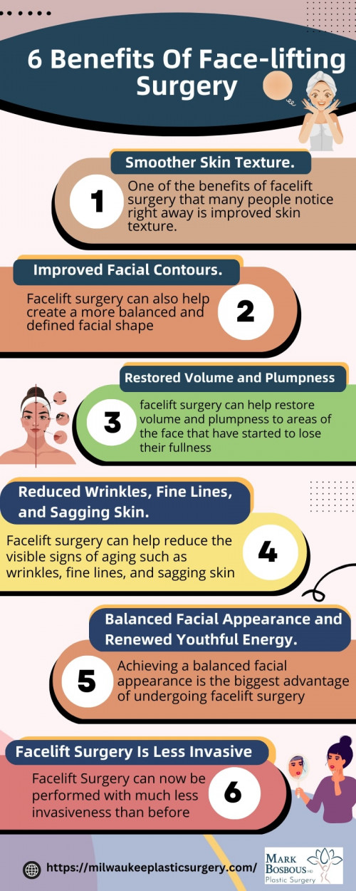 Are you considering having facelift surgery? If so, it is important to understand the potential benefits of the procedure. Facelift surgery can help restore a youthful appearance to your face by eliminating wrinkles and sagging skin. It can also improve the tone and texture of the skin, resulting in a smoother, more attractive appearance. Additionally, the procedure can make you look years younger, as well as have psychological benefits such as boosting your self-confidence. Visit Now:https://milwaukeeplasticsurgery.com/face/
