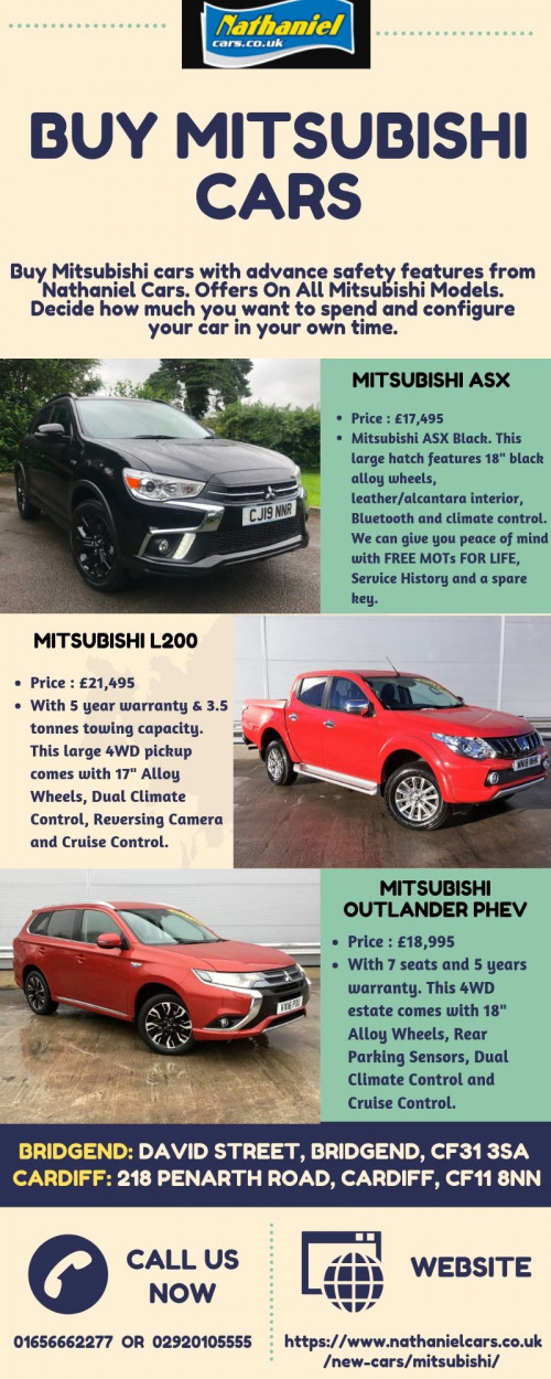 Peruse Our Wide Scope Of Mitsubishi Vehicles. Buy Mitsubishi cars at Cardiff with cutting edge security highlights from Nathaniel Cars. Offers On All Mitsubishi Models. Choose the amount you need to spend and arrange your vehicle voluntarily. Book your test drive today:https://www.nathanielcars.co.uk/new-cars/mitsubishi/