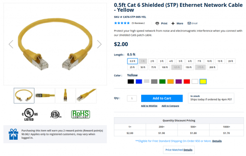 Buy premium quality Cat 6 Shielded (STP) Ethernet Network Cable, in various options at the lowest prices (upto 90% off retail). https://www.sfcable.com/cat6-shielded-patch-cables.html
