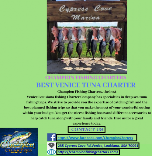 Champion Fishing Charters, the best Venice Louisiana fishing Charter Company has specialties in deep sea tuna fishing trips. We strive to provide you the expertise of catching fish and the best planned fishing trips so that you make the most of your wonderful outing within your budget.Visit,https://bit.ly/2GKSoym