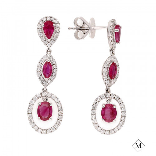 Earrings from the Pink Diamond collection featuring 110 diamonds at 0.68 ctw set in 18K white gold. The diamond enclose a pair of beautiful pear, marquise and cushion cut rubies. All rubies total 1.56 ct. If you want to know more details please visit here https://eyeonjewels.com/product/classic-gemstone-earrings-style-pd-lq5118e-13045