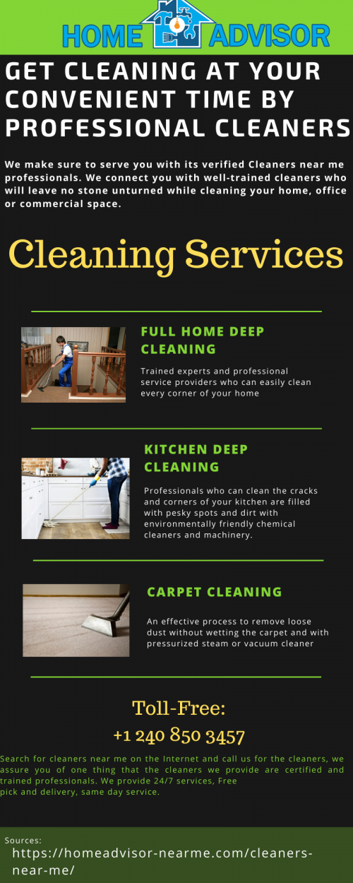 Search for cleaners near me on the Internet and call us for the cleaners, we assure you of one thing that the cleaners we provide are certified and trained professionals. We provide 24/7 services, Free pick and delivery, same day service. View more at https://homeadvisor-nearme.com/cleaners-near-me/