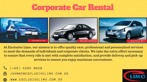 Looking for Corporate Car? Exclusive Limo is the best car rental company in Singapore providing Corporate car rental at your home. They believe in a long-term relationship with their clients.

#corporatecarrental
#countrygardens
http://www.exclusivelimo.com.sg/corporate-car-rental-singapore/