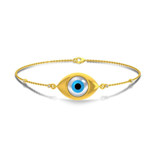Set in 14kt Yellow Gold (4.28 gms) with Diamonds (0.056 Ct, SI/IJ) Certified by SGL/IGI. To buy this bracelet please visit here https://eyeonjewels.com/product/dainty-evil-eye-bracelet-14047