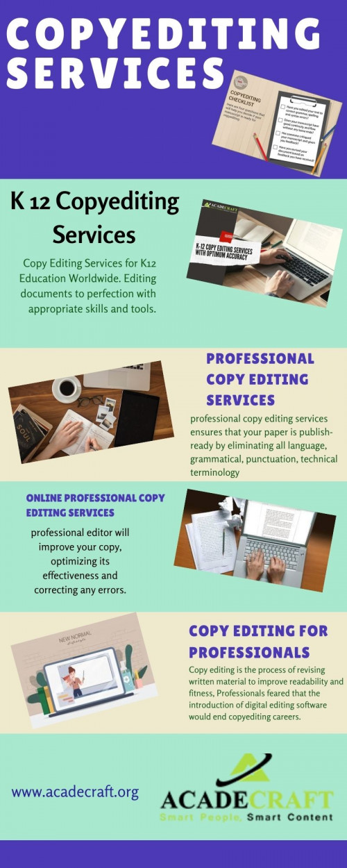 Copy Editing For Professionals is a process applicable to a multitude of writing fields within the publishing industry. Whether the text is a book, a magazine, a news article, or an advertisement, chances are a copy editor looked at it somewhere along the way. A good copy editor has an expansive skill set, involving strong attention to detail, knowledge about a variety of subject matters, and an ability to communicate their edits clearly and efficiently.

https://www.acadecraft.org/k12/copyediting-services/