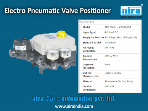 Aira Euro Automation is a leading manufacturer and exporter of Electro Pneumatic Valve Positioner in India. We have a wide range of industrial valves to fulfill your requirements.