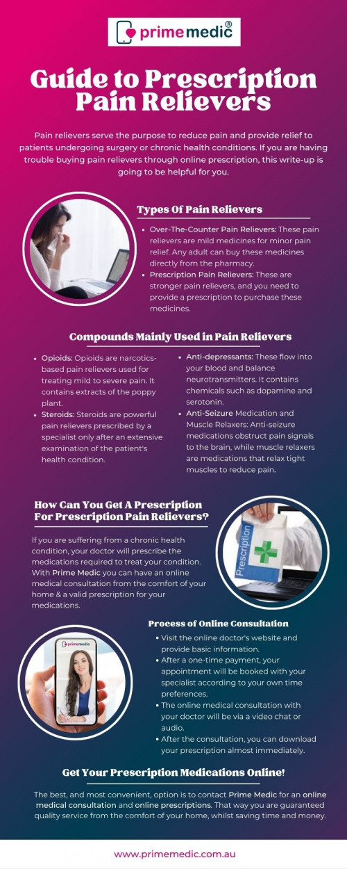 A wide range of prescription pain relievers are available in pharmacies today, so be sure to get the right medication for your requirements. The best, and most convenient, option is to contact Prime Medic for an online medical consultation and online prescriptions. That way you are guaranteed quality service from the comfort of your home, whilst saving time and money. Visit: https://www.primemedic.com.au/consultation/

#onlinegp #onlinemedicalconsultation #onlinedoctoraustralia #onlinedoctor #PrimeMedic
