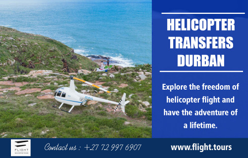 Helicopter Transfers in Durban Offering Safe And Affordable Service at https://www.flight.tours/ 

Services : 

Helicopter Rides 
Helicopter Flights 
Helicopter Tours 
Helicopter Picnic 

Rather than traveling by the standard routes, the best way to go is always by luxury helicopters. If you have gone by commercial flights often than you would already know that you end up spending a lot of time at the airport, which is not always the most comfortable or convenient option. With luxury helicopters, you would be able to save a lot of your time and avoid the hordes of tourists. If you are planning to visit Durban during the peak tourist season and are looking for a way to travel where you would be able to go in peace and luxury, then luxury Helicopter Transfers in Durban is the best choice.

Address : 33 Ridge Road La Lucia, Durban, Kwazulu Natal 4051, South Africa 

Email : info@flight.tours 
Phone : +27 72997 6907 

Social Links : 

https://www.facebook.com/flight.tours.SA/ 
https://flighttours.brandyourself.com/ 
https://about.me/helicopterflights 
https://en.gravatar.com/helicopterridesdurban 
https://followus.com/helicopterflights 
https://helicoptertoursdurban.blogspot.com/