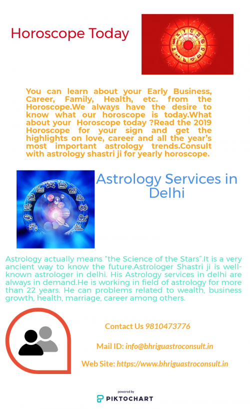 Visit us::https://www.bhriguastroconsult.in/horoscope-today/
Contact us 9810473776  You can learn about your Early Business, Career, Family, Health, etc. from the Horoscope.We always have the desire to know what our horoscope is today.What about your Yearly Horoscope 2019?Read the 2019 Horoscope for your sign and get the highlights on love, career and all the year’s most important astrology trends.
