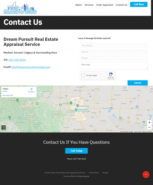 Contact here best Insurance Valuations and Professional Appraisal Services Calgary. Call us for more info - Tel: 587-700-9655, Email: info@dreampursuitappraisal.com. 

https://www.dreampursuitappraisal.com/index.php/contact 

We believe that every customer deserves the best care and service when getting an appraisal for buying a home, settling an estate or establishing enough insurance. At Dream Pursuit Real Estate Appraisal, we work hard to give you a fast turnaround on the appraisal you order. We know how frustating it can be to wait for an appraisal as it means the difference between able to close your sale of your real estate property today or potentially delaying it.

#Calgaryrealestateappraisers #Propertyappraisalcalgary #calgaryresidentialappraisals #homeappraisalcalgary #RealEstateAppraisalServiceCalgary #NarrativeAppraisalReports #BestFarmAppraisal #ResidentialFormAppraisal #InsuranceValuationscalgary #ProfessionalAppraisalServices #AppraisalServicesinCalgary #RealestateAppraisalinAlberta #RealEstateAppraisal #IndustrialpropertiesAppraisal #CommercialpropertiesAppraisal #DevelopmentlotsAppraisal #detachedhousesAppraisal #residentialpropertiesAppraisal #ruralacreagesAppraisal #BestResidentialFormAppraisal #OnlineCommercialNarrativeAppraisal #BestFarmAppraisal #DreamPursuit