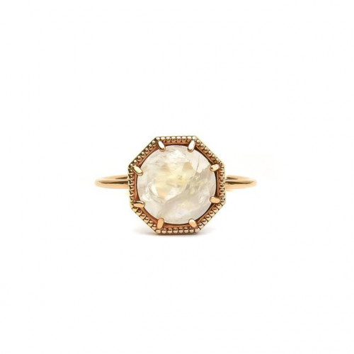 An 8mm rose-cut moonstone set in a 14-karat gold crown bezel. 10mm bezel setting on a 1 mm band. To buy this product please visit here https://eyeonjewels.com/product/maman-crown-bezel-moonstone-ring-11355