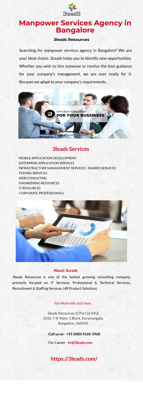 Searching for manpower services agency in Bangalore? We are your ideal choice. 3Leads helps you to identify new opportunities. Whether you wish to hire someone or receive the best guidance for your company’s management, we are ever ready for it. Because we adapt to your company’s requirements. Visit here 
https://3leads.com/