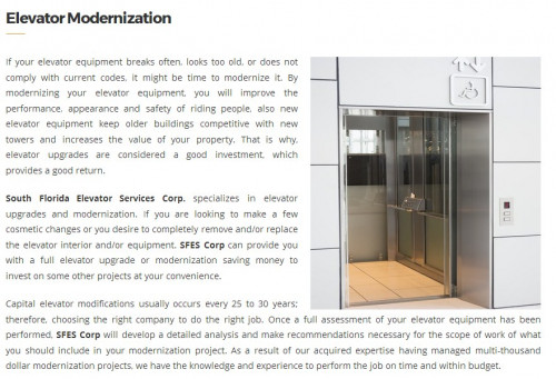 South Florida Elevator Service Corp.
6956 NW 51st ST
Miami FL 33166
(305) 456-5686

http://www.southfloridaelevatorservice.com/miami/