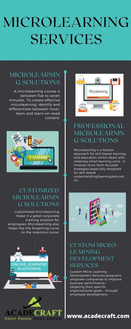 Customized Microlearning Solutions allows personalization by providing learners control. Different microlearning platforms offer continuous and on-demand learning for employees. Usually, microlearning is available on desktop or mobile devices, transporting learning into the workflow.
For more information visit our website :-https://www.acadecraft.org/learning-solutions/microlearning/