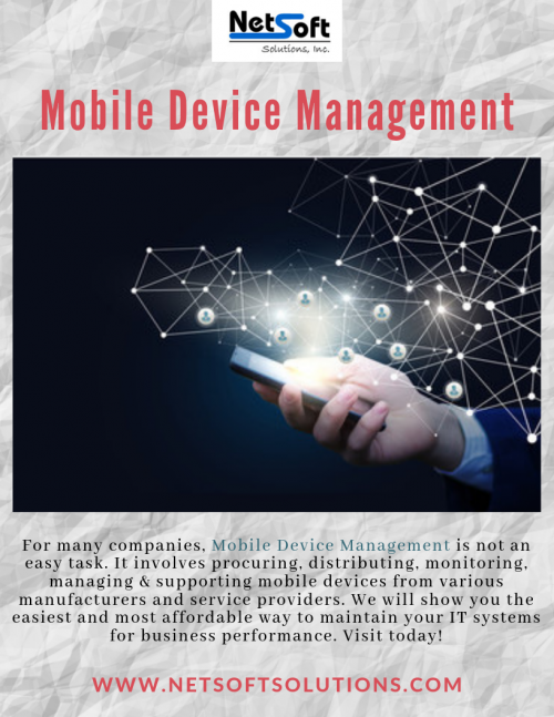 Mobile Device Management is the term used to describe a system or solution for managing mobile devices remotely. Your business gains a competitive advantage by having access to information and applications necessary to act quickly. To know more about our mobile device management services, contact us today!

http://www.netsoftsolutions.com/mobile-device-management/