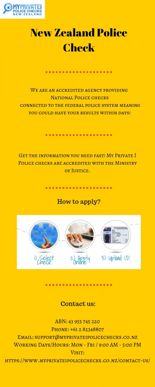 At My Private I Police Check, it provides an online service to conduct your criminal background online quickly and efficiently. Want to know more about New Zealand Police Check? Visit us on https://www.myprivateipolicechecks.co.nz/contact-us/