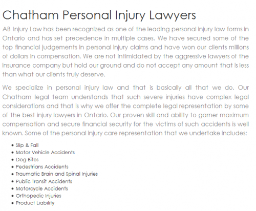 AB Personal Injury Lawyer
419 St Clair St Unit 3, Office 6
Chatham, ON N7L 3K4, Canada
(800) 394-3971
https://abinjurylaw.ca/chatham.html