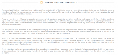 MA Personal Injury Lawyer
204-5468 Dundas St W
Etobicoke, ON M9B 1B4
(416) 477-6902

https://mainjurylaw.ca/etobicoke-personal-injury-law/