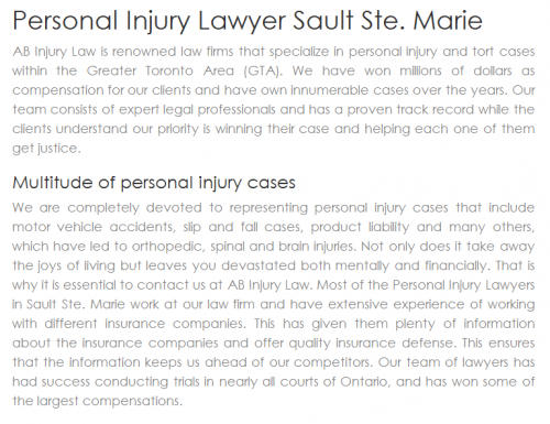 AB Personal Injury Lawyer
510 Queen St E #24
Sault Ste. Marie, ON P6A 2A1
(800) 327-4812

https://abinjurylaw.ca/sault-ste-marie.html
