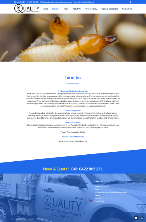 Quality Pest Control and Maintenance specialise in termite inspections, Pest control and Building and pest inspection in Melbourne, craigieburn, hoppers
Visit Us:-http://www.qualitypestcontrolandmaintenance.com.au/