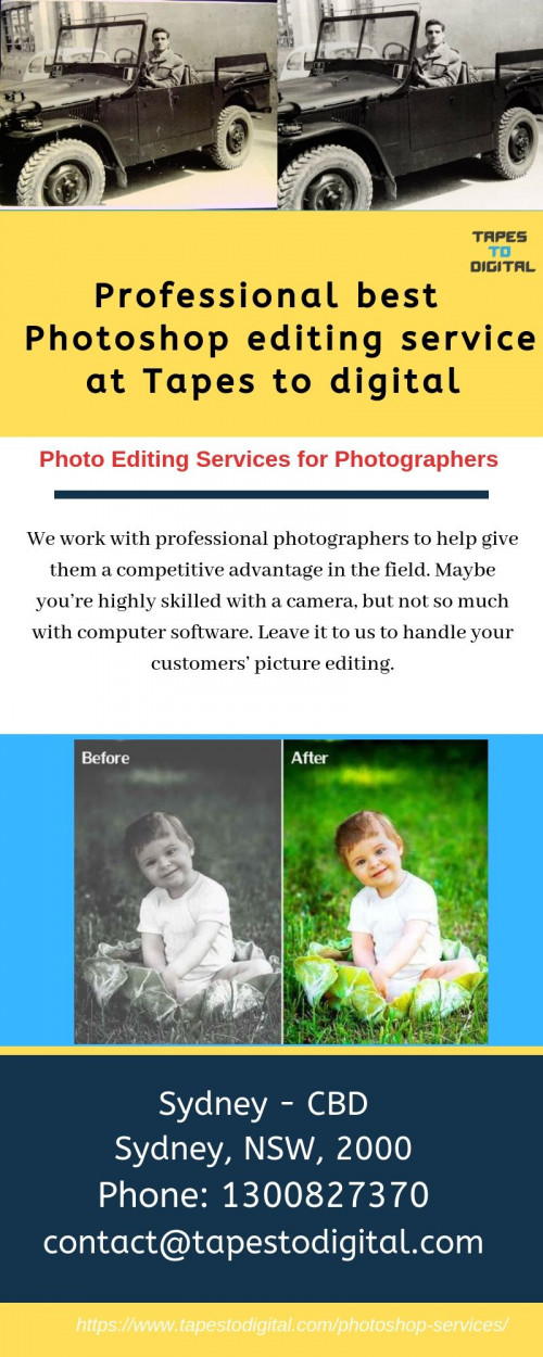 Photoshop editing service work with the images using several techniques and virtual tools. At Tapes To Digital, you can get the best Photoshop editing services.
