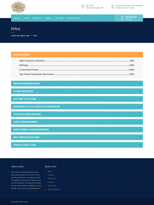 Lachic Hair Salon offer price list of services. We provide Spa services, laser services, hair salon, microdermabrasion, cutting & styling, curl enhancement and hand & foot care services in Calgary

Visit Us:-https://lachic.ca/price/
