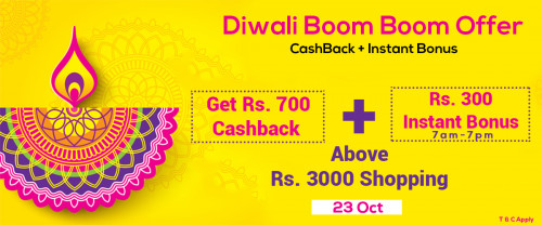 "Diwali Boom Boom Sales" has been started by cartlay on 23rd oct 2019 . Here you can gets cashback plush instant bonus.If you are shopping products above Rs.3000/-  from 7am to 7 pm , then you will get Rs.700/- as a cashback or Rs.300/- as a instant bonus on your wallet. So Hurry up , this offer is only for limited time.Start shopping and get this benifits.T & C Apply. 

WhatsApp : 8094123415