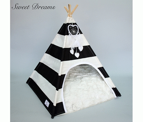 For good & comfort sleep of your pup you will need this newly designed Teepee of our store. Sweet Dreams teepee includes an overstuffed pillow for more comfort & easy care for your pup. Its size is 23" X 23" X 34" and for dog up to 20lbs. More details about this product, visit; https://tinyurl.com/yywa3524
