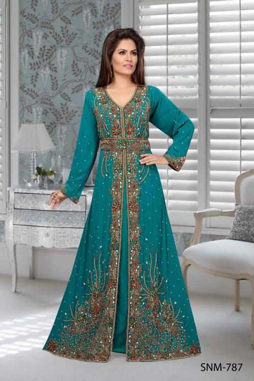 TEAL EMBROIDERED FAUX GEORGETTE STITCHED ISLAMIC KAFTANS