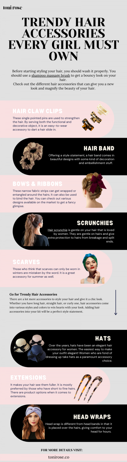 Every women should know all the hair accessories which are trendy and give them new look. Check out the different hair accessories that can give you a new look and magnify the beauty of your hair. https://tonirose.co/collections/dreamy-scrunchies