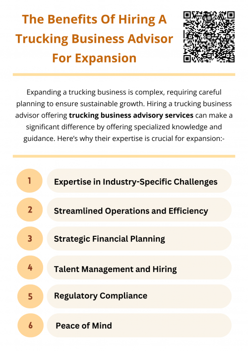Hiring a trucking business advisor offering trucking business advisory services provides essential support during expansion, offering expertise in financial planning, regulatory compliance, market development, and more. With an advisor’s help, you can make smarter decisions, streamline operations, and grow your business more effectively. Their guidance ensures that your expansion is both profitable and sustainable. To know more visit here https://www.truckersprocpa.ca/trucking-business-advisory-services