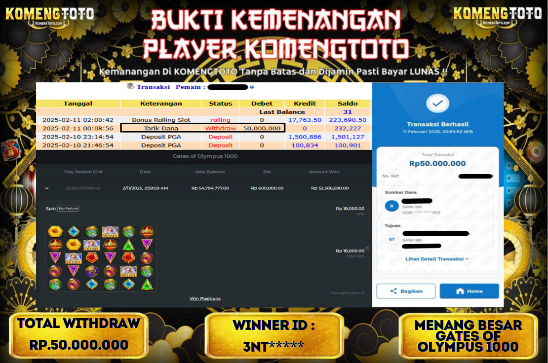 LAGI & LAGI!! KEMENANGAN BESAR DI SLOT  GATES OF OLYMPUS 1000  SEBESAR Rp.50.000.000 KOMENGTOTO BAYAR LUNAS SECEPAT KILAT !! KOMENGTOTO BAYAR SECEPAT KILAT !!