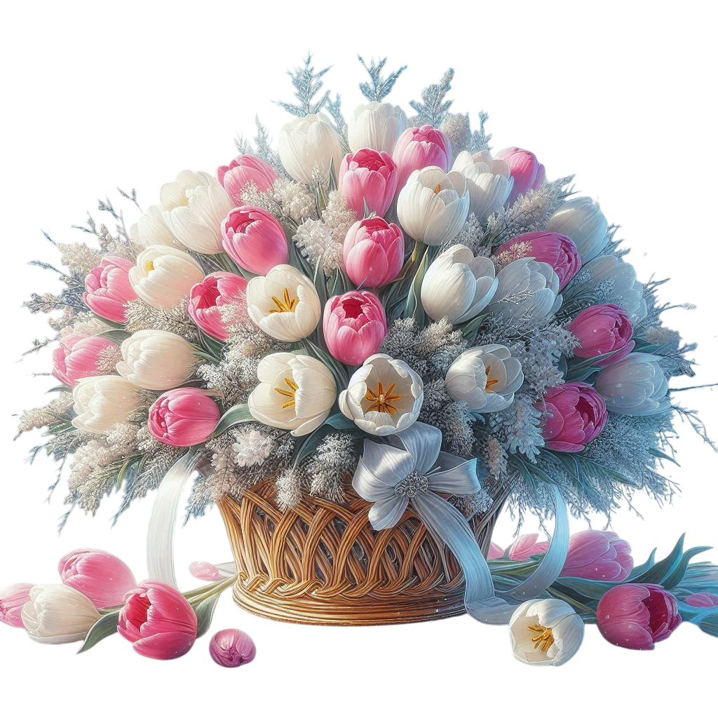 Oil painting, digital art, beautiful bouquet of white and pink tulips in a beautiful elegant basket 