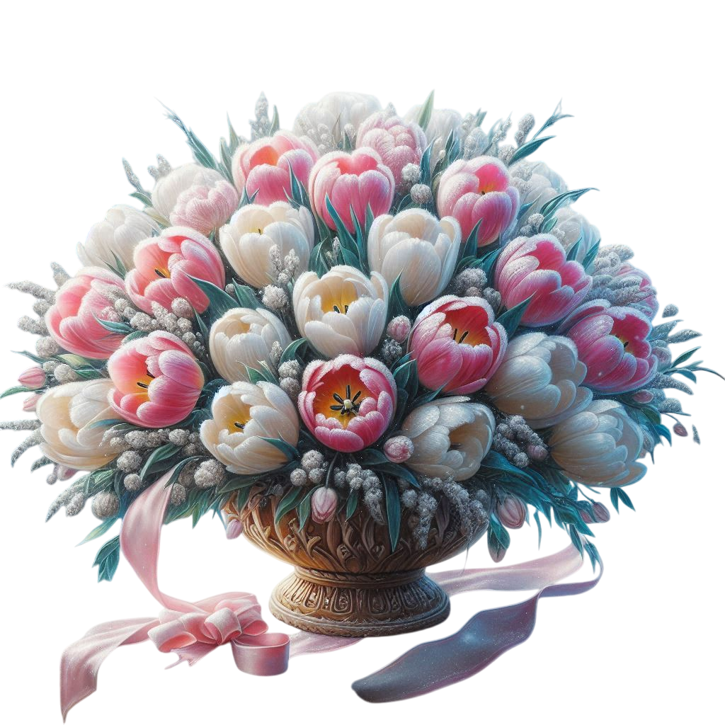 Oil painting, digital art, beautiful bouquet of white and pink tulips in a beautiful elegant basket 