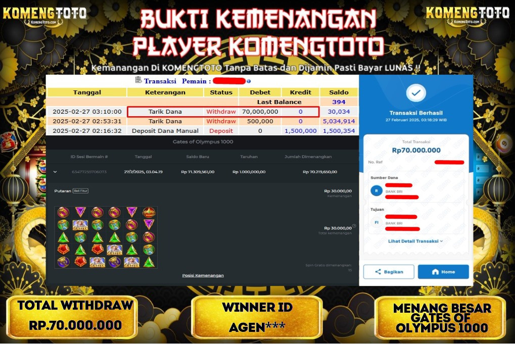 LAGI & LAGI!! KEMENANGAN BESAR DI SLOT  GATES OF OLYMPUS 1000  SEBESAR Rp.70.000.000 KOMENGTOTO BAYAR LUNAS SECEPAT KILAT !! KOMENGTOTO BAYAR SECEPAT KILAT !!