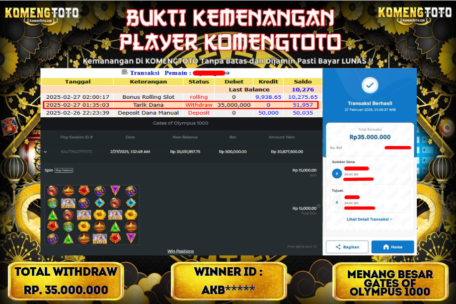 LAGI & LAGI!! KEMENANGAN BESAR DI SLOT  GATES OF OLYMPUS 1000  SEBESAR Rp.35.000.000 KOMENGTOTO BAYAR LUNAS SECEPAT KILAT !! KOMENGTOTO BAYAR SECEPAT KILAT !!