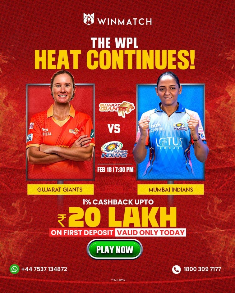 🔥 The WPL Heat Continues! 🔥 Get ready for the ultimate clash between Gujarat Giants 🆚 Mumbai Indians tonight at 7:30 PM! 🏏⚡<br />
<br />
💰 Exclusive Offer on Winmatch360! 💰<br />
✅ 1% Cashback up to ₹20 Lakh on your first deposit! 🚀<br />
✅ Valid only today – Don’t miss out!<br />
<br />
📲 Play now at www.winmatch360.com and experience the thrill with Winmatch! 🎯🔥