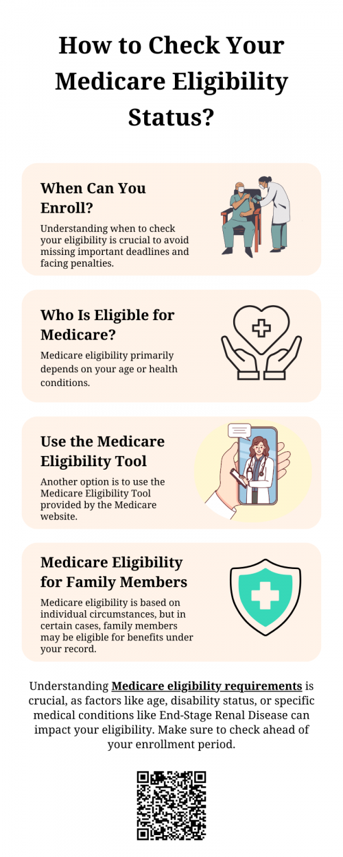 To check Medicare eligibility status, visit the official government website or call the Medicare helpline. Medicare eligibility requirements include being 65 or older, having certain disabilities, or specific medical conditions. You may need to provide personal details like your Social Security number and work history. Checking eligibility helps determine enrollment options and potential benefits. To know more visit here https://www.capitalbluemedicare.com/wps/portal/capm/home/what-is-medicare/eligibility-enrollment